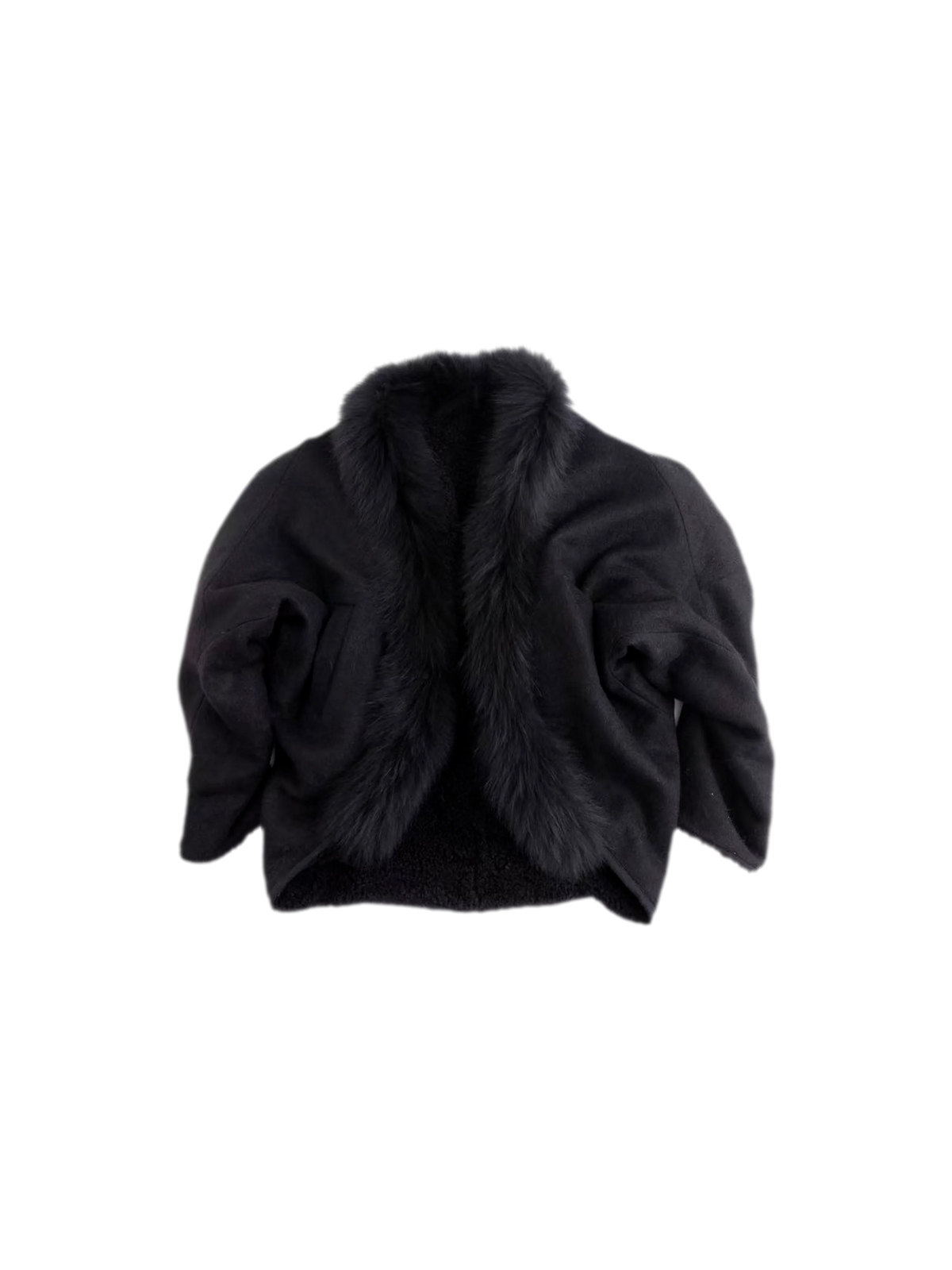 Reversible Faux Fur Wool Coat with Batwing Sleeves & Detachable Trim