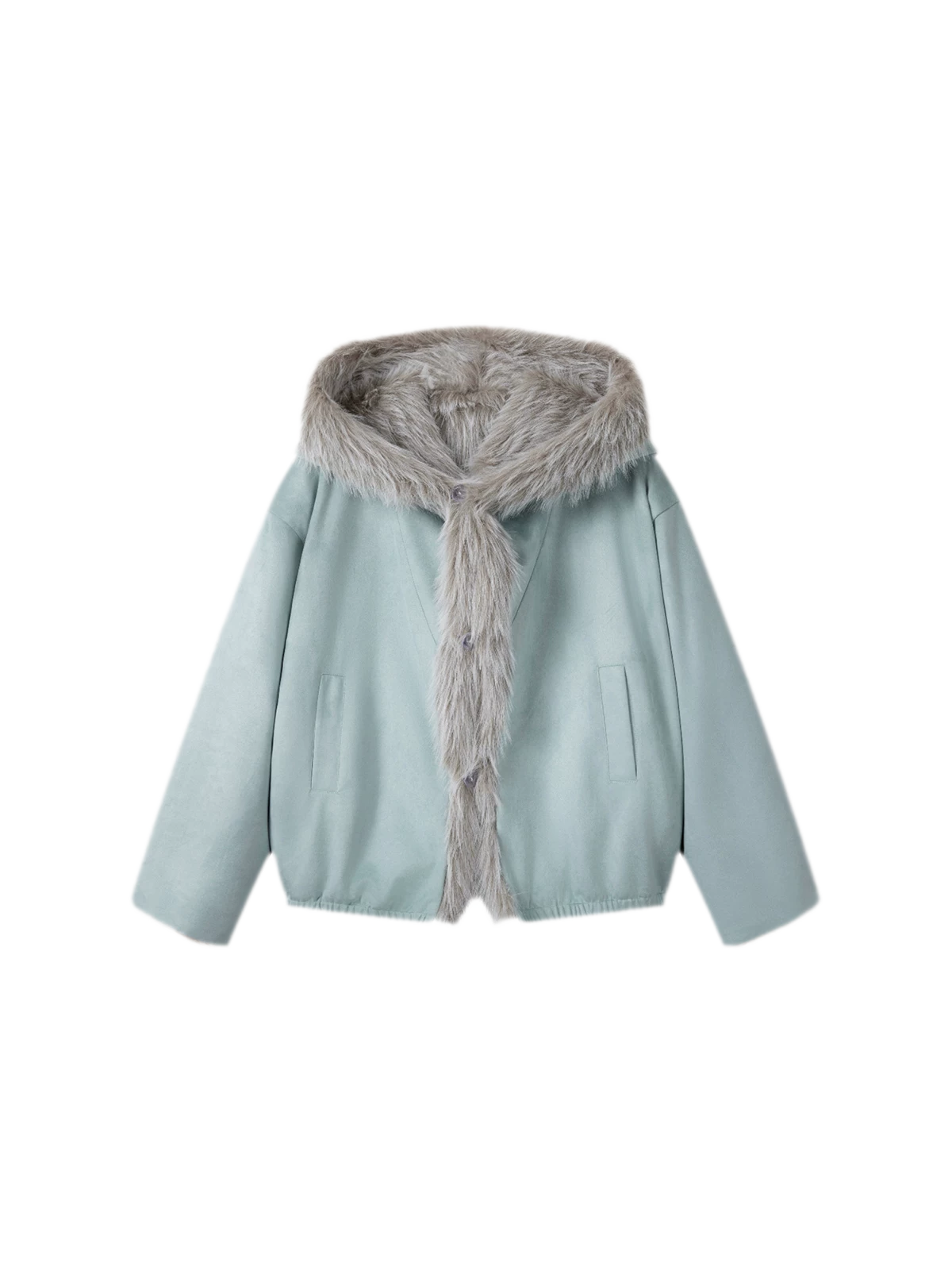Reversible Suede & Plush Faux Fur Hooded Winter Jacket