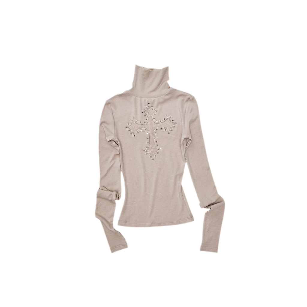 Rhinestone Lace Cross Fitted Turtleneck Knit Top