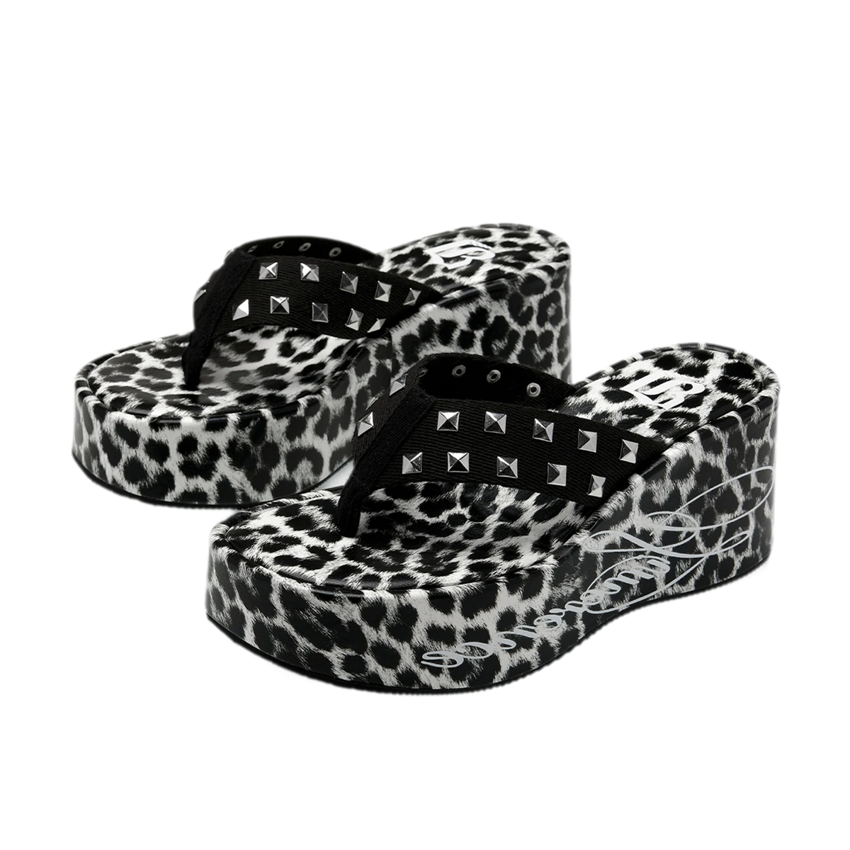 Studded animal print slides in snow leopard