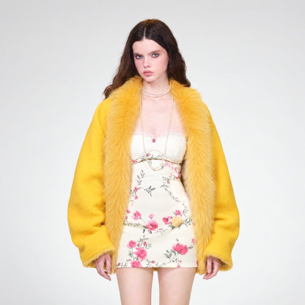 Reversible faux fur wool coat with batwing sleeves