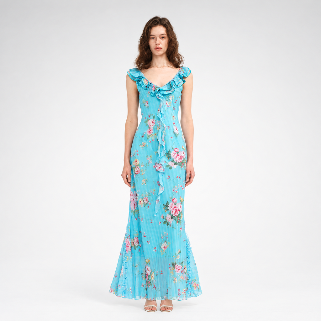 Blue floral lace trim chiffon mermaid dress