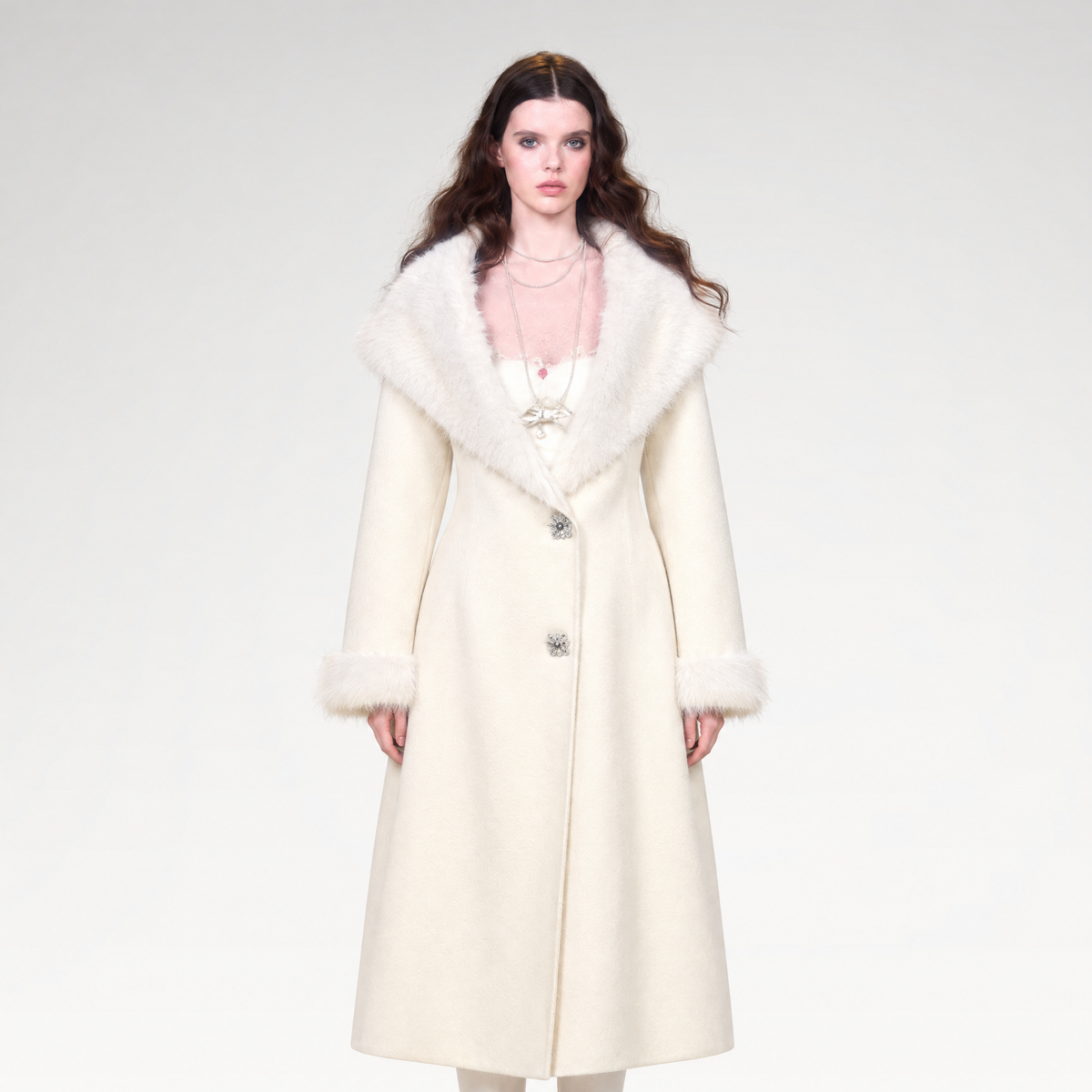 Ivory Double-Faced Wool Long Coat with Fur Trim Shawl Collar