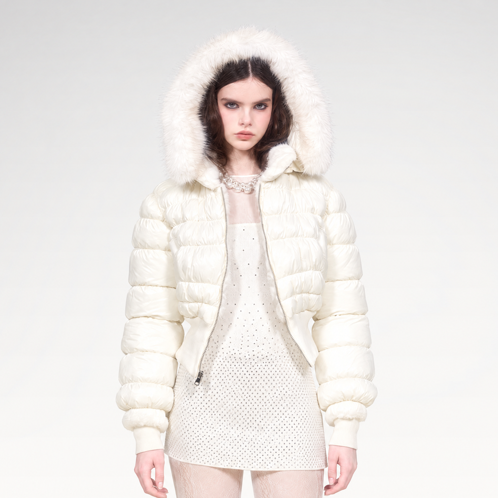 White reversible faux fur cropped puffer jacket with hood