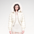 White reversible faux fur cropped puffer jacket with hood