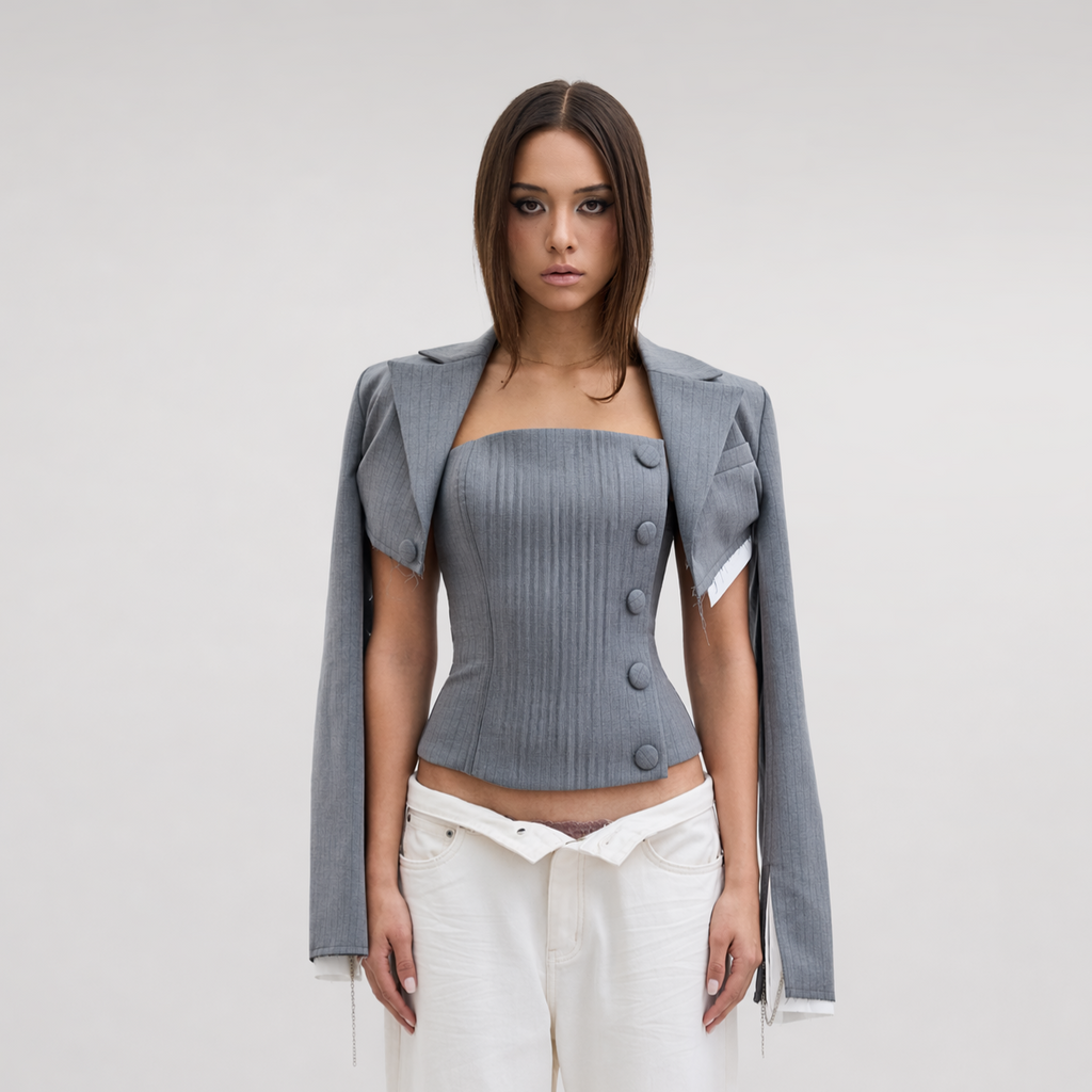 Deconstructive cropped suit set with strapless bustier