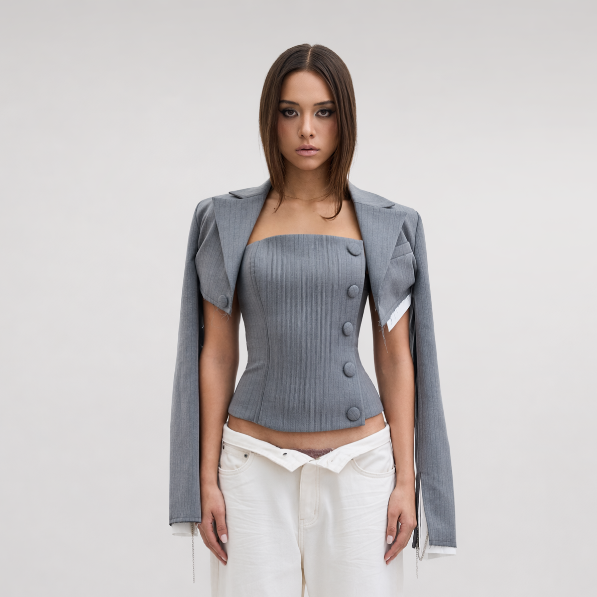 Deconstructive cropped suit set with strapless bustier