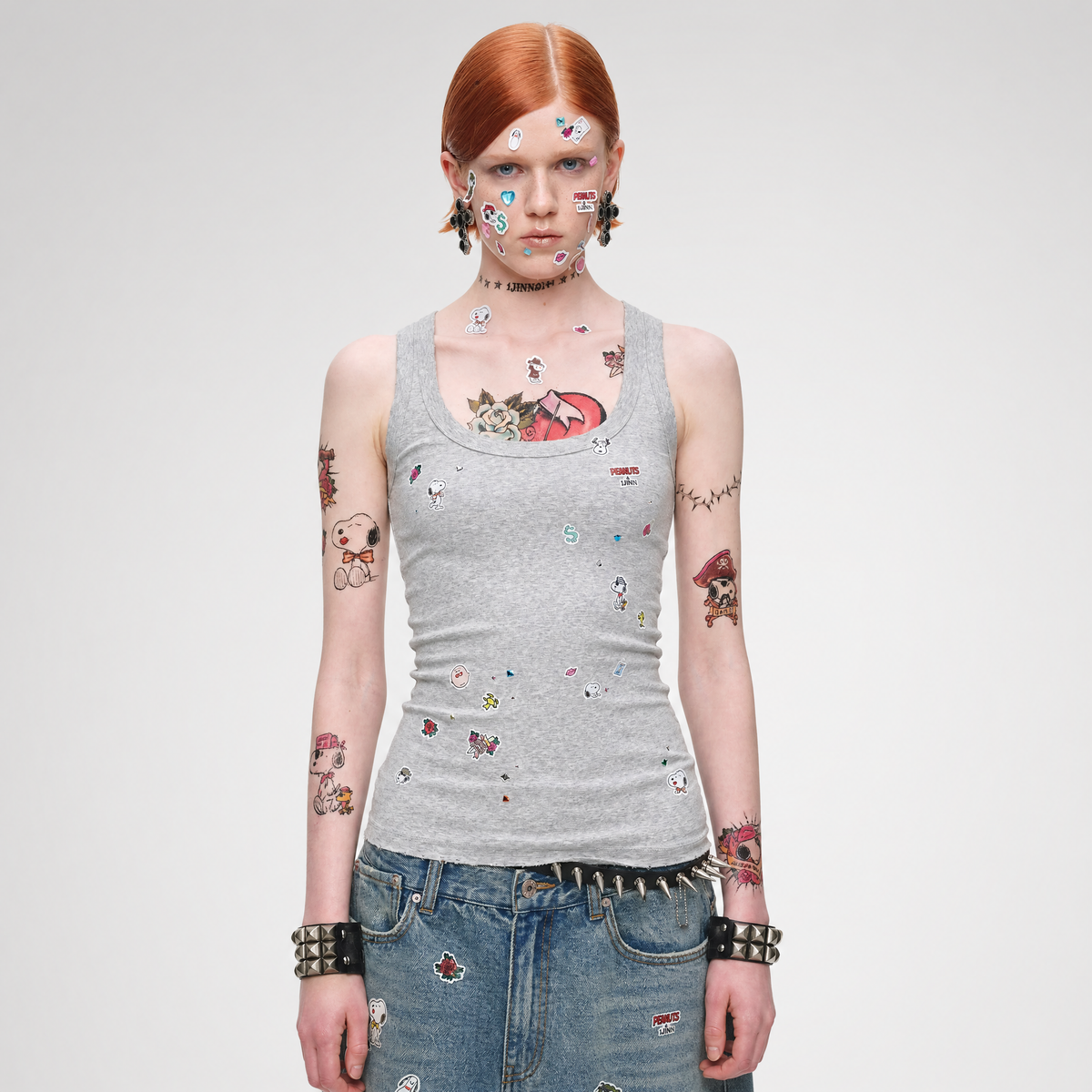 Washed ribbed scoop-neck tank with rhinestones