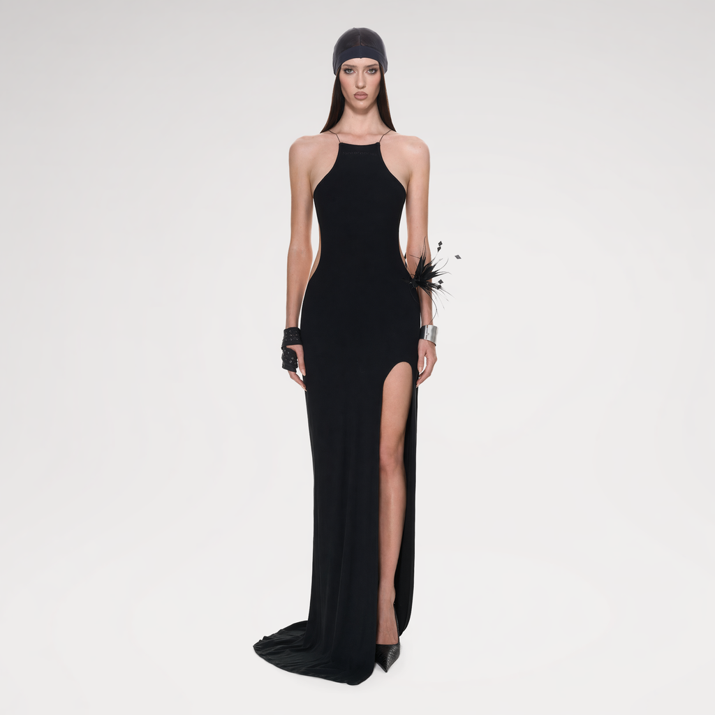 NOLA backless halter slit knit dress front view