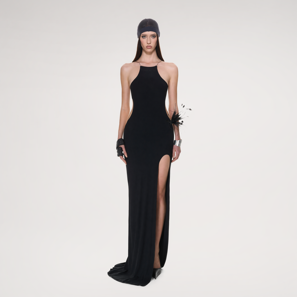 NOLA backless halter slit knit dress back view
