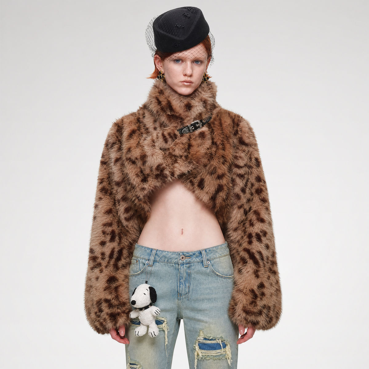 Plush leopard print cropped faux fur coat