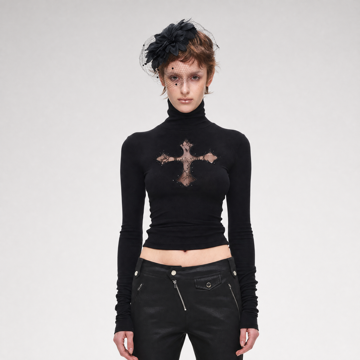 Rhinestone lace cross turtleneck knit top