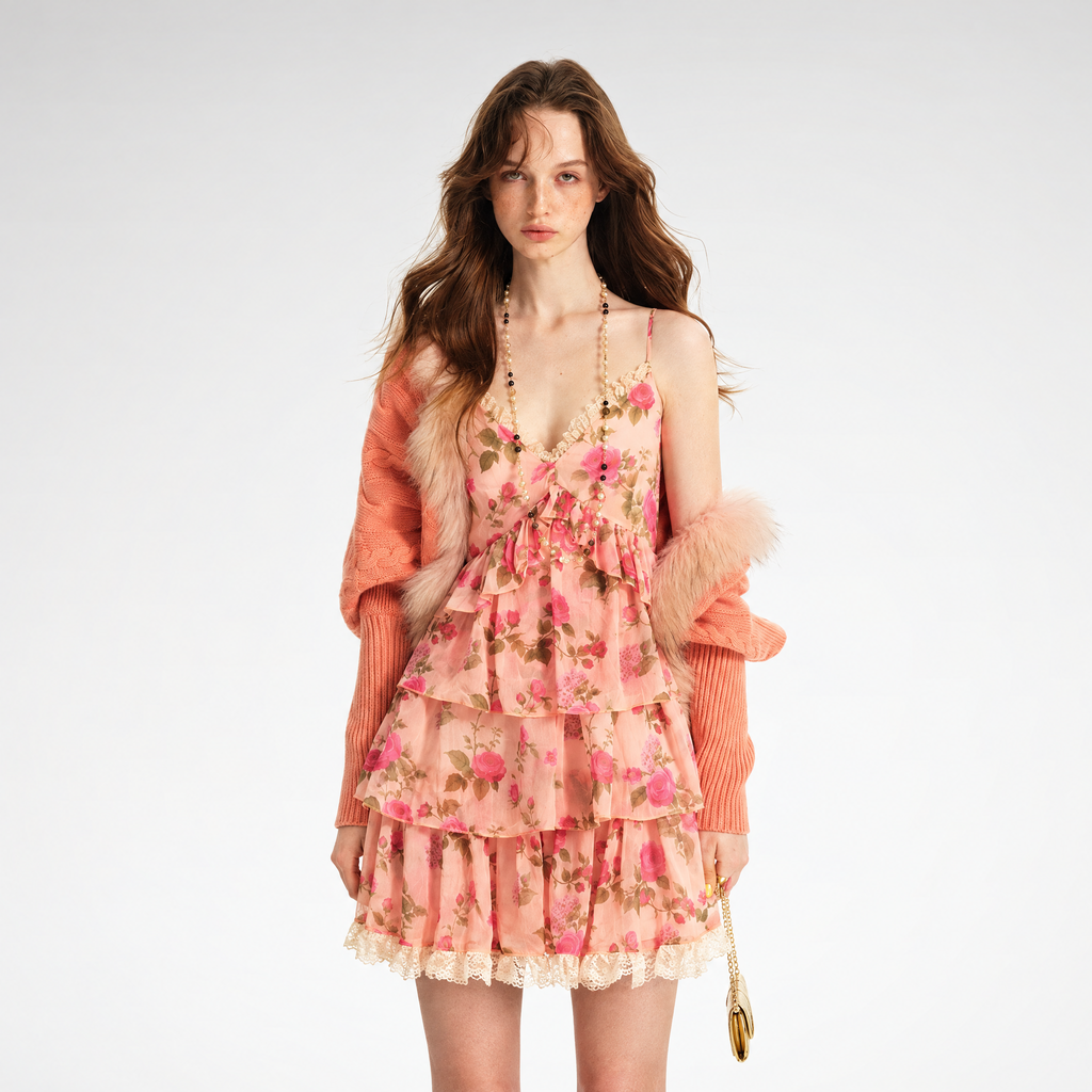 Floral chiffon lace ruffle A-line cami dress