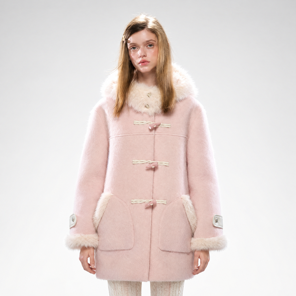 Pink and gray wool blend hooded duffle coat with plush trim
