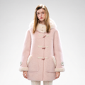 Pink and gray wool blend hooded duffle coat with plush trim