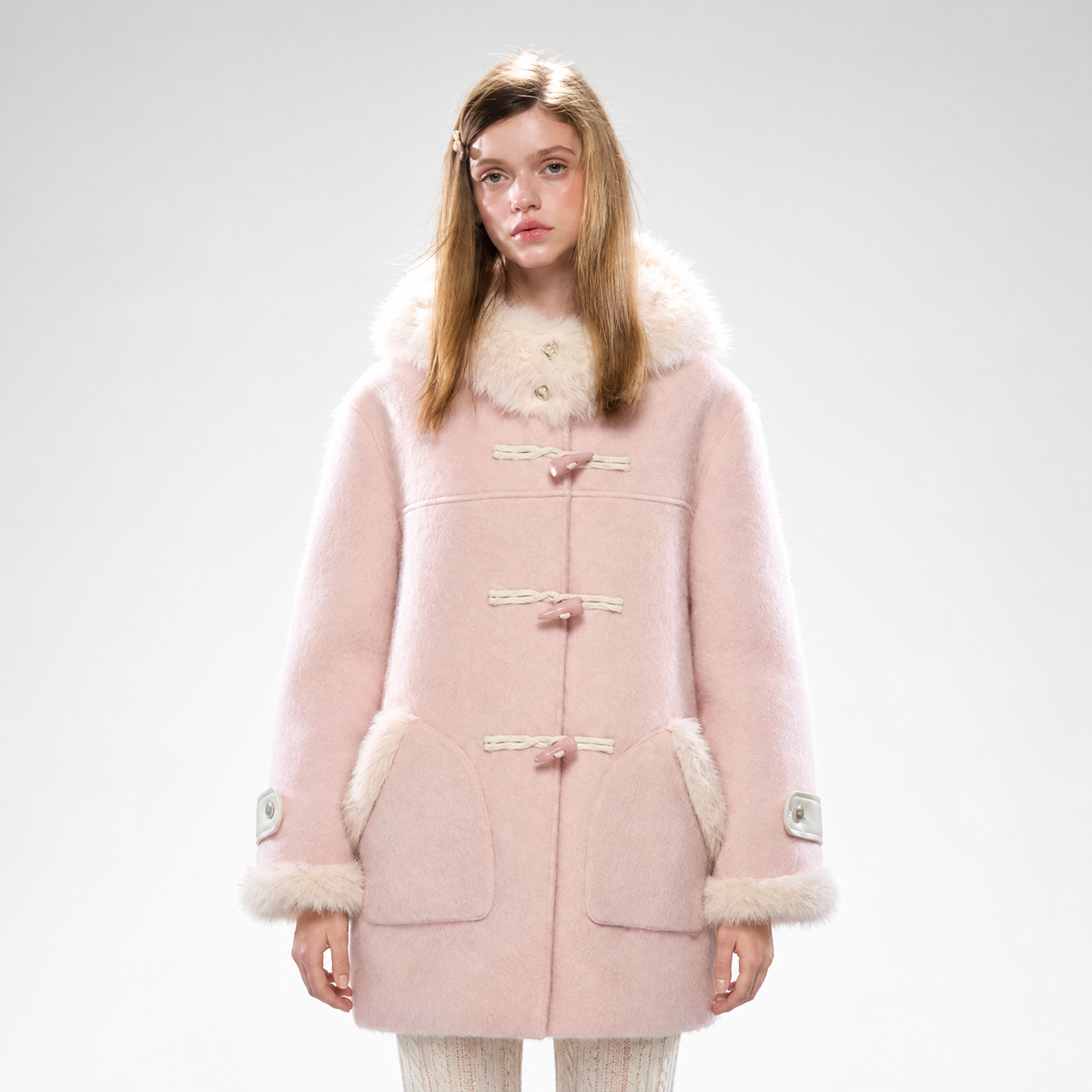 Pink and gray wool blend hooded duffle coat with plush trim