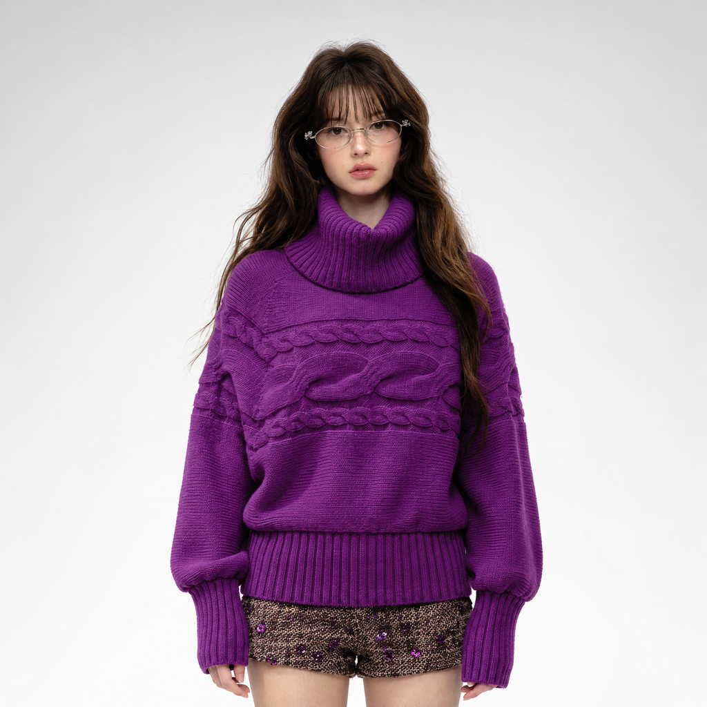 Cable knit relaxed wool turtleneck sweater with detachable scarf collar