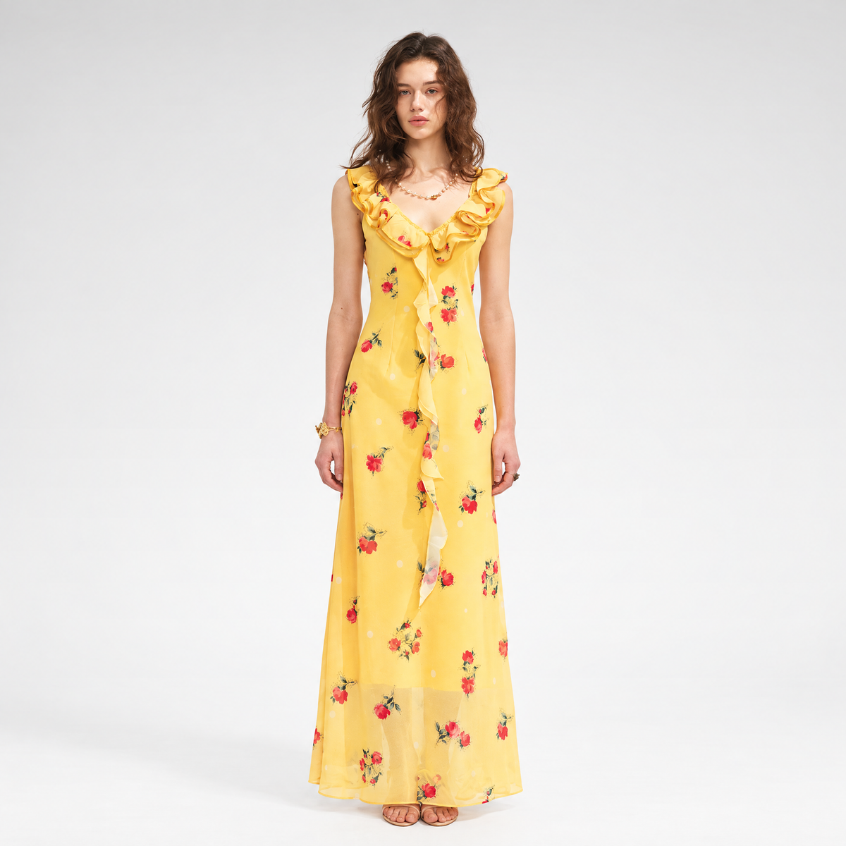 Yellow floral reversible ruffle maxi dress