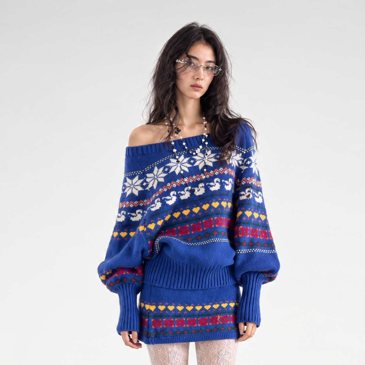 Fair Isle celestial jacquard one-shoulder knit top and skirt set