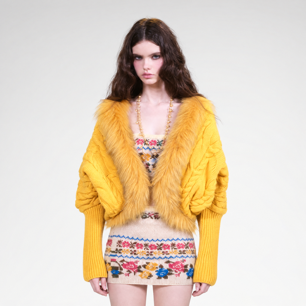 Cable knit batwing wool cardigan with fur trim in purple and yellow