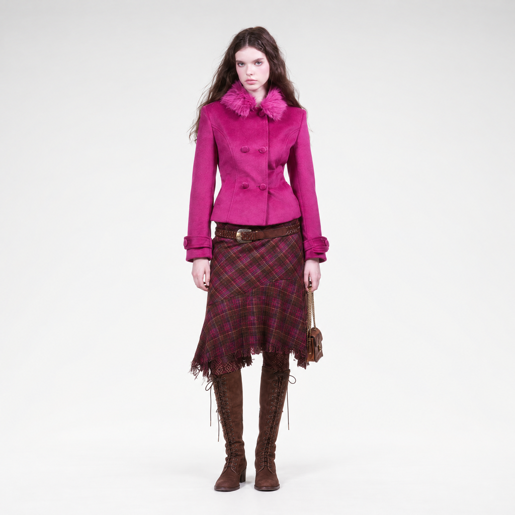 Burgundy wool jacket and plaid fishtail skirt set with fur collar