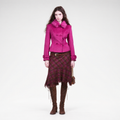 Burgundy wool jacket and plaid fishtail skirt set with fur collar