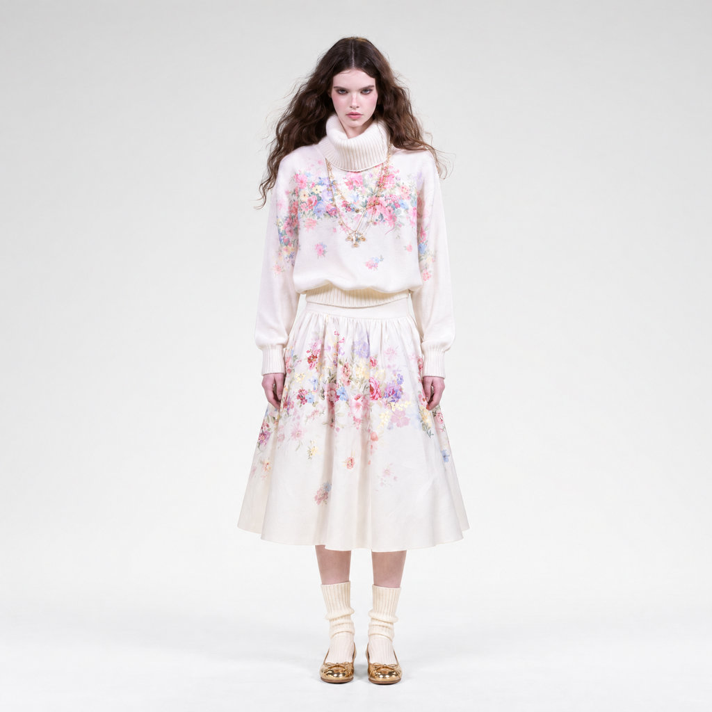 Vintage floral print knit sweater and Lyocell skirt set
