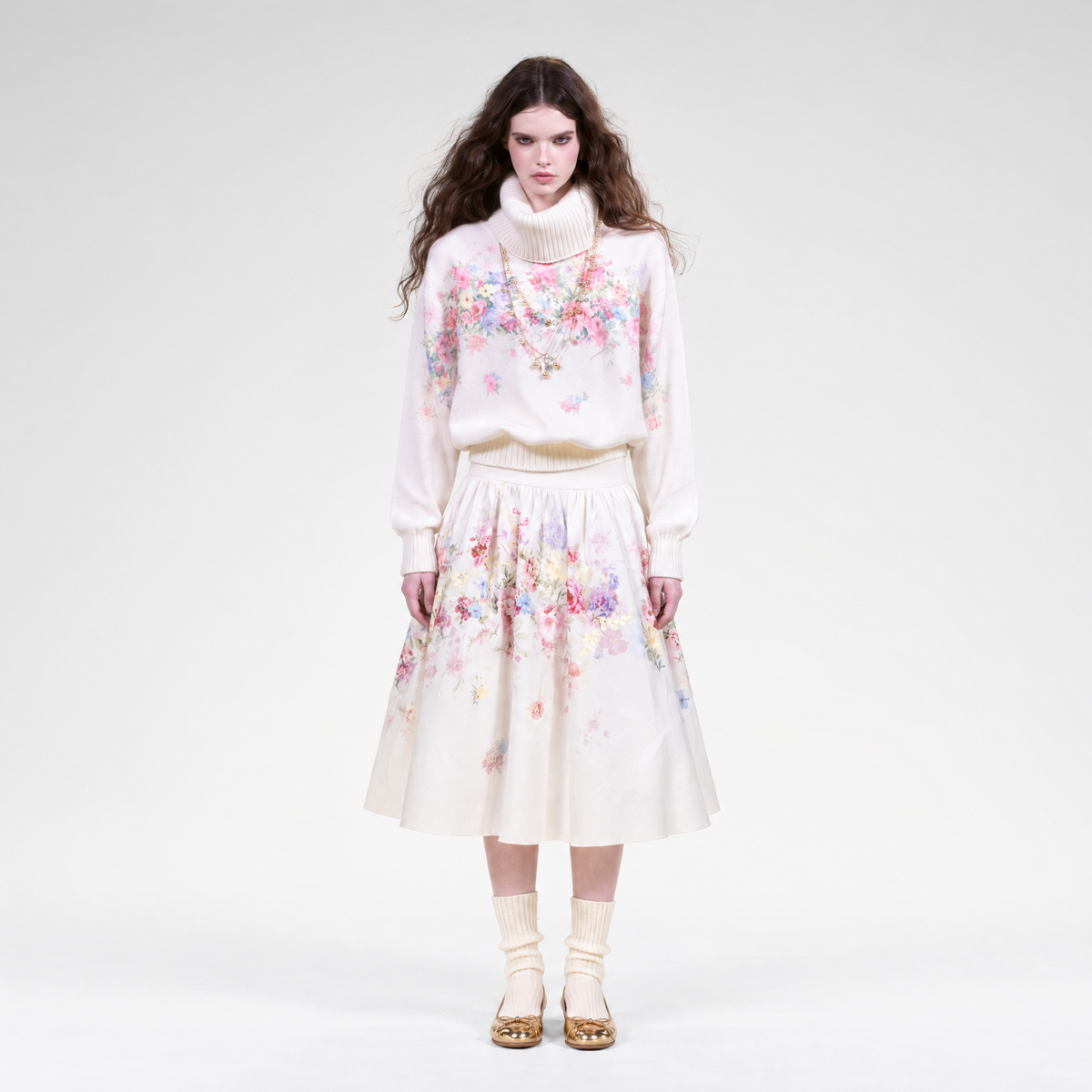Vintage floral print knit sweater and Lyocell skirt set