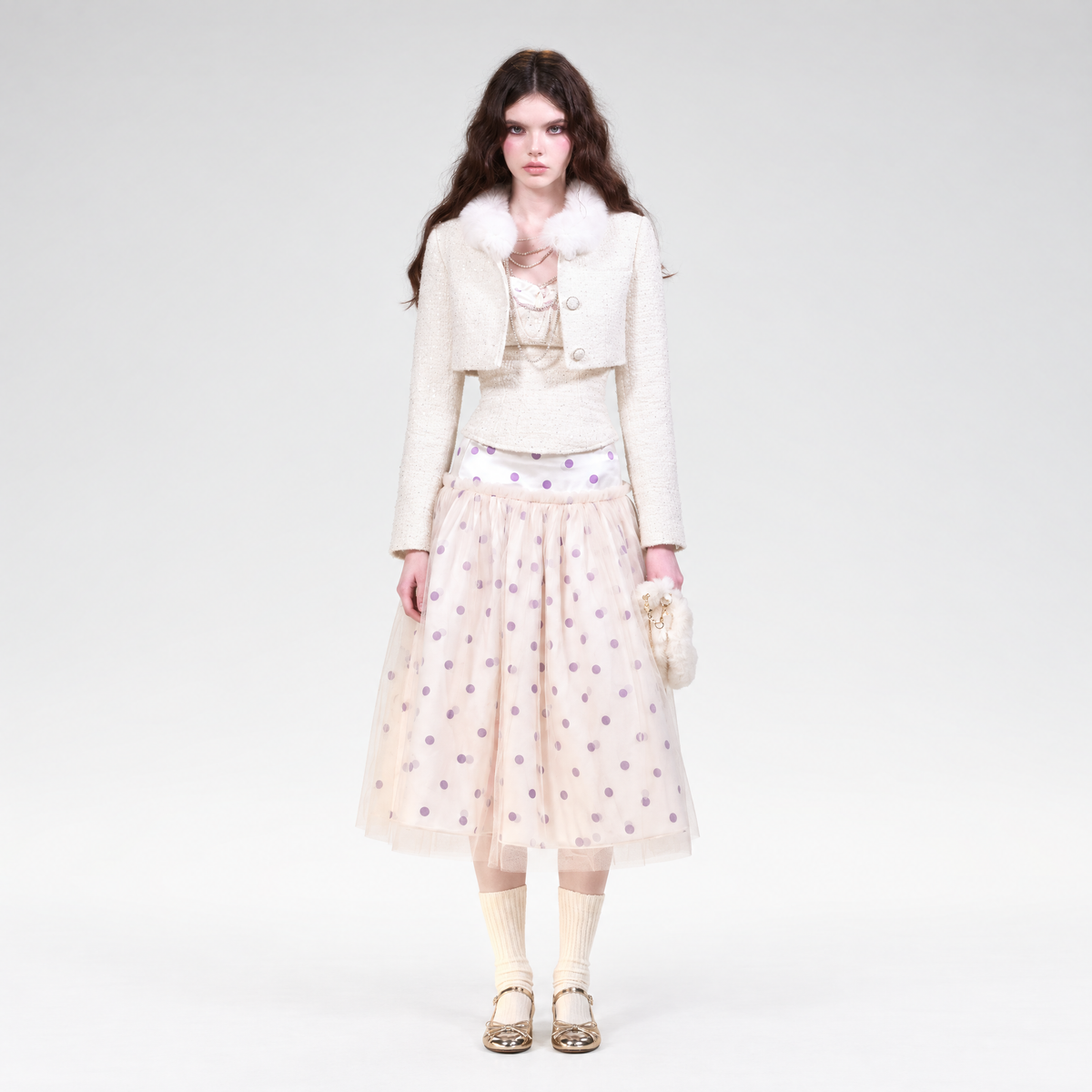 Boucle jacket camisole and polka dot tulle skirt set