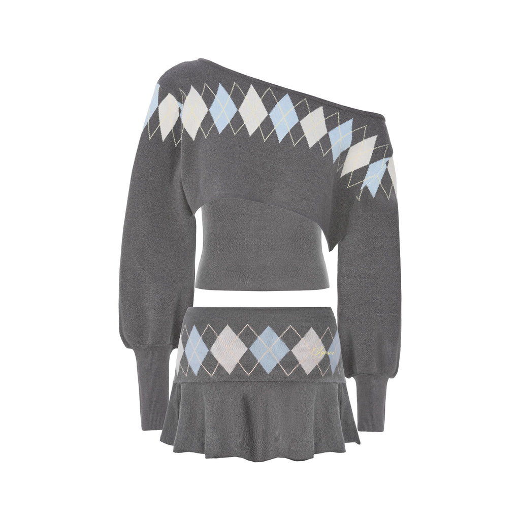 Lola Grey-Blue Argyle Knit Two-Piece Cropped One-Shoulder Overlay and Bandeau Top Set