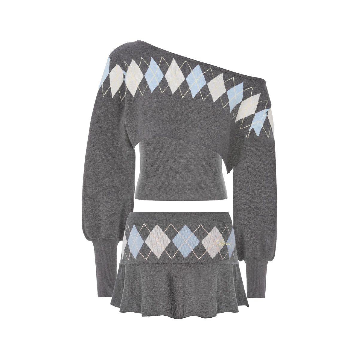 Lola Grey-Blue Argyle Knit Two-Piece Cropped One-Shoulder Overlay and Bandeau Top Set